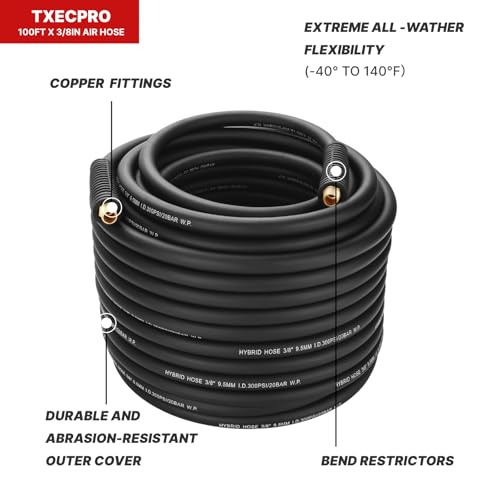Hybrid Air Hose 3/8-Inch by 100-Feet, Heavy Duty Air Compressor Hose, Lightweight, Kink Resistant, Flexible In Extreme Cold Weather, Excellent UV, Oil and Abrasion Resistant,300 PSI - size: 100FT