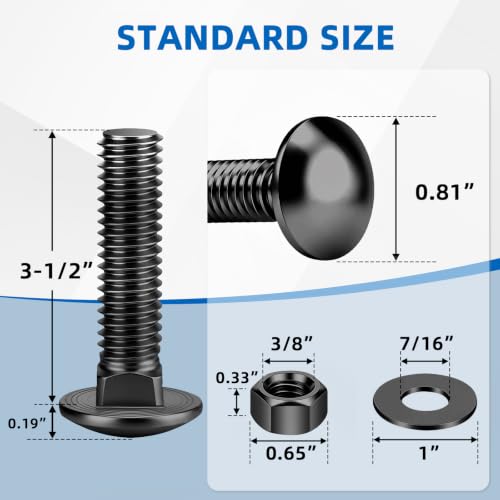 Mellewell 3/8-16 x 3-1/2" Carriage Bolt Kit, Carriage Bolts with Nuts and Washers, Round Head Square Neck, 304 Stainless Steel, Full Thread, Black Finish, 4 Sets - color: Black, size: 3/8-16 x 3-1/2"
