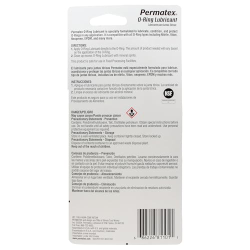 Permatex 81101 O-Ring Lubricant Lubricates & Extends Life of O-Rings, Gaskets, Seals, Pressure Plugs & Valves, Pool Pumps & Filters, Water Faucet Valves, Food Grade Certified, 1 OZ - size: 1 Ounce (Pack of 1)