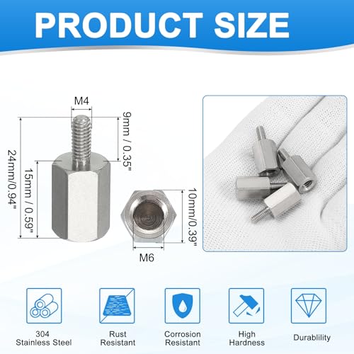 PATIKIL Standoff Screws, 4pcs M4x9mm Male to M6x15mm Female 304 Stainless Steel Thread Reducing Hex Standoff Spacer Screw Nuts Thread Adapters Reducer for PCB Motherboard - size: M4x9mm Male to M6x15mm Female