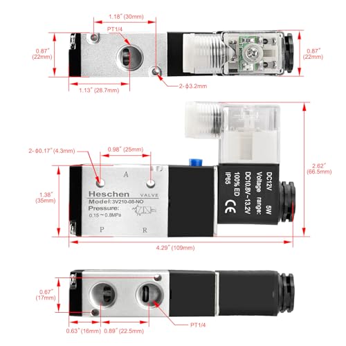 Heschen Electrical Pneumatic Solenoid Valve, 3V210-08-NO, 12VDC, PT1/4'', 2 Position 3 Way, Normally Open Type, Single Coil Pilot-Operated Electric