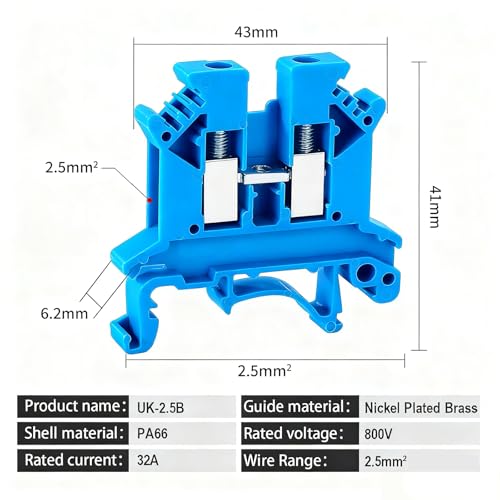 100PCS Blue UK2.5B Terminal Block DIN Rail Terminal Blocks - Application for 12-22 AWG 800V Electrical Cabinets Distribution Box,Solar Power System,PLC Industrial Control Automation Panel DIY CNC RV - color: UK2.5B Blue Terminal Block