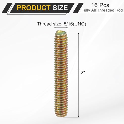 uxcell 16 Pack Fully All Threaded Rod 5/16" Thread, 2" Length, Thread Screw Threaded Rod Screw Sofa Foot Screw Bolt for Chair Furniture Mounting Assembly Fastening - size: 2"
