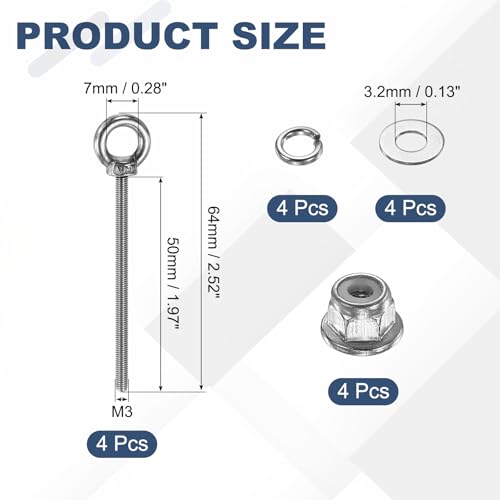 PATIKIL M3 x 50mm Shoulder Eye Bolt, 4 Pcs 304 Stainless Steel Lifting Ring Threaded Eye Bolt with Flange Lock Nuts Spring and Flat Washers for Hanging Tie Down Straps Outdoor Indoor - size: M3 x 50mm