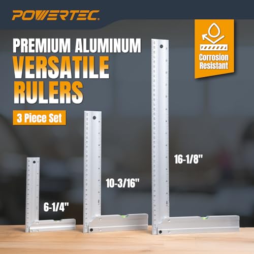 POWERTEC L Square 3pc, Try Square, 90 Degree Measuring Tools w/Bubble Levels, Machinist Square for Router Fence, Table Saw Blade, Woodworking, Carpentry Work, Frame Work (80005) - style: L Square Set
