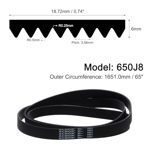 uxcell 650J8 PJ V-Ribbed Belt 8 Ribs 65" Length x 0.74" Width x 0.14" Thick, EPDM Poly V Belt, Industrial Transmission Serpentine Belt - size: 650J8