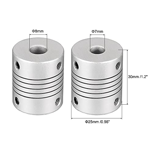 uxcell 8mm to 7mm Aluminum Alloy Shaft Coupling Flexible Coupler Motor Connector Joint L30xD25 Silver 2Pcs - size: 8mm to 7mm