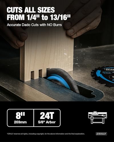 CRALY 8 Inch Carbide Stacked Dado Blade Set, 24 Teeth with 5/8 Inch Arbor, Black Ice™, Adjustable Cutting Sizes for Wood Cutting Table Saw(DADO203-7) - size: 8'' Dado Set