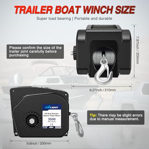 Nilight Boat Trailer Winch 3500 lbs Portable Electric Boat Winches 12 V DC Marine Winch with Remote Control and Hand Crank Power-in Freewheel Operation Waterproof Reversible Winch for Boat Trailer - color: Black, size: Steel Cable
