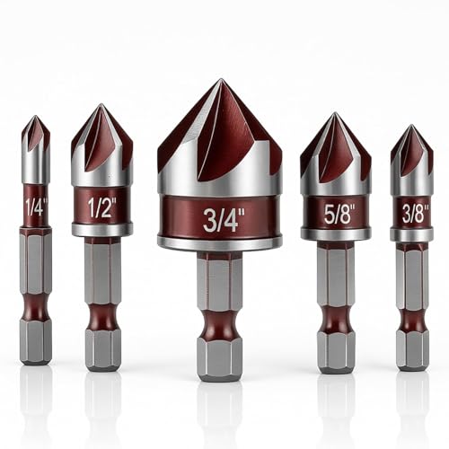 5 Pcs Countersink Drill Bit Set, 82-Degree HSS Drill Bit(1/4" to 3/4"), Quick Change Hex Shank, 5 Flute Premium Countersink Bits for Wood, Metal, Plastic – Durable & Rust-Resistant