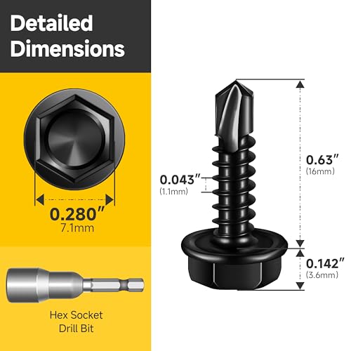 Mywish 100pcs #8 x 5/8" Self Drilling Screws for Metal, 410 Stainless Steel Hex Washer Head Self Drilling Screws, Black Oxided Self Tapping Sheet Metal Tek Screw Fast Tapping - size: #8x5/8"(100pcs)