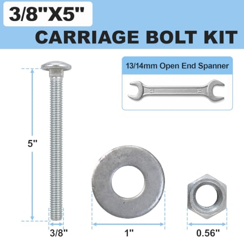 3/8" x 5" Carriage Bolt Kit 50 Pack, Grade 307A, Hot Dip Galvanized Carriage Bolt Set, Rust Resistance, Includes Hex Nuts & Flat Washers - size: 3/8 x 5