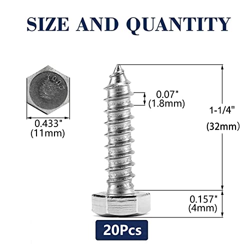 1/4" x 1-1/4" Hex Head Lag Screws Bolts 20Pcs 304 Stainless Steel 18-8, Partial Thread, Hexagon Head Wood Screws by SG TZH - size: 1/4-20 x 1-1/4"