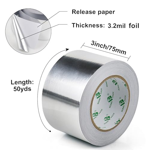 BOMEI PACK Aluminum Foil Tape, 3 inch x 50 Yds Foil Tape (3.2 mil), Silver Insulation Adhesive Metal Tape, High Temperature Heavy Duty HVAC Tapes for Ductwork, Dryer Vent, HVAC - size: 75mm