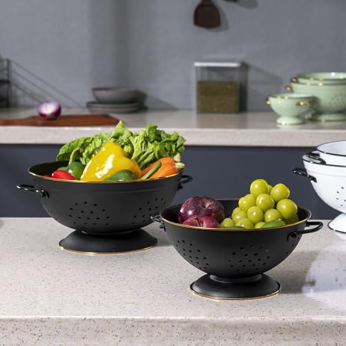 Metal Colander Set of 2, Strainer Basket with Handles perfect for Spaghetti, Pasta, Berry, Vegetable, Fruit, Solid Base Powder Coated Self-draining Kitchen Colander Bowel, 3.5 & 5 Qt, Matte Black - color: M-BLACK