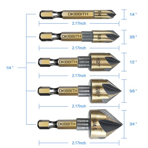 Countersink Drill Bit Set, 5pc, 1/4" Hex Shank, 82 Degree Countersink Holes for Screws to Sit Flush or Under the Surface of Metal Wood Plastic, Sizes 1/4, 3/8, 1/2, 5/8, 3/4 Inches with Storage Case - size: 1/4'',3/8'',1/2'',5/8'',3/4''
