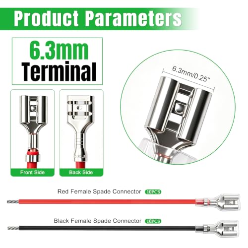 Twidec/20PCS 6.3mm Female Spade Crimp Terminal,Electrical Insulated Terminals with 20cm Cable,Quick Connectors with Insulating Sleeve Red&Black Female Spade Connectors Assortment Kit - size: 6.3mm