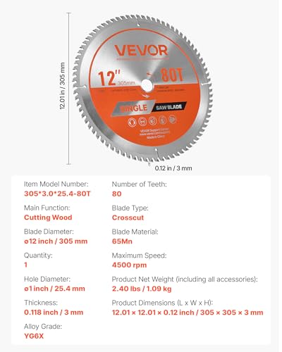 VEVOR Circular Saw Blade, 12 inch Diameter, 80 Sharp Alloy Teeth, 1 inch Arbor, Fine Finish, Wood Cutting Blade for Circular Saw, with Noise-Reducing Heat Vents, for Cutting Plywood, OSB, Hardwood - size: 12“ & 80T