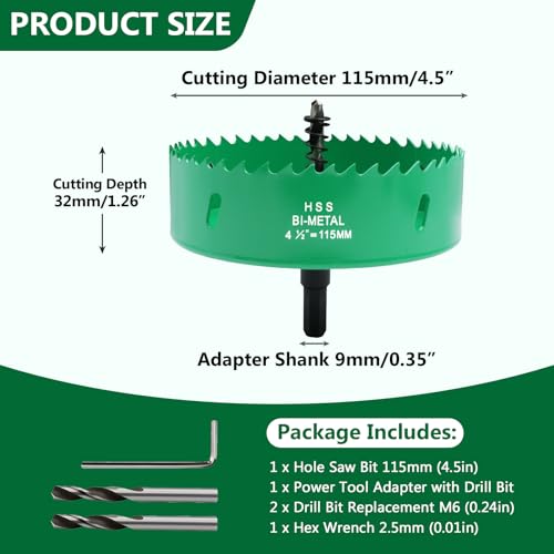 4.5 Inches/115mm Bi-Metal Hole Saw with Arbor & Pilot Bit - color: Green, size: 4.5 inches