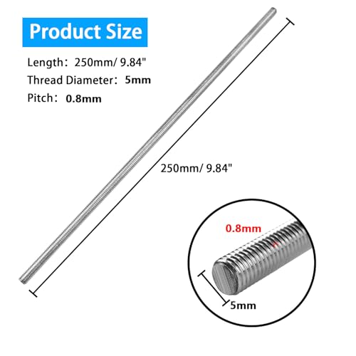 4pcs M5 x 250mm Fully Threaded Rod, M5-0.8mm Thread Pitch, 304 Stainless Steel Long Threaded Screw, Right Hand Threads (M5 x 250mm) - size: M5 x 250mm