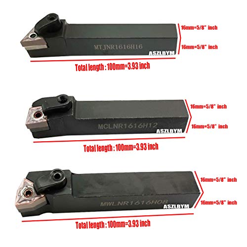 3PCS 5/8" Metal Lathe Excircle Indexable Carbide Turning Tool Holder Bit Set MTJNR1616H16 + MWLNR1616H08 + MCLNR1616H12 With 3pcs wnmg432, cnmg432, tnmg332 Indexable Carbide Inserts - size: 5/8" right hand turning holder