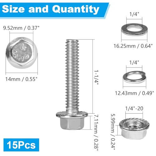 15 Sets 1/4-20 x 1-1/4" Flanged Hex Head Bolts Kits - size: 1/4-20 x 1-1/4"