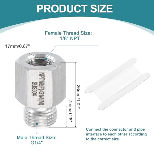 uxcell Pipe Fitting Reducing Adapter, G1/4" Male x 1/8" NPT Female 304 Stainless Steel Reducer Connector for Water Oil Air Pressure Gauge, Silver - size: G1/4" x 1/8" NPT