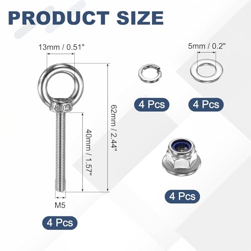 PATIKIL M5 x 40mm Shoulder Eye Bolt, 4 Pcs 304 Stainless Steel Lifting Ring Threaded Eye Bolt with Flange Lock Nuts Spring and Flat Washers for Hanging Tie Down Straps Outdoor Indoor - size: M5 x 40mm