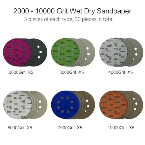 5 Inch 8 Holes Sanding Discs Hook and Loop, 30Pcs Wet Dry Sandpaper, 2000 3000 4000 5000 7000 10000 Grit Sandpaper, Round High Grit Sand Paper for Orbital Sander - size: 2000-10000 Grit