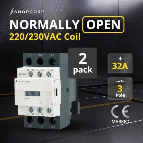 3 pole Contactor 30 Amp Normally Open IEC 660V Switch, Auxiliary 1NO/1NC - 220 / 240VAC Coil Inductive 32A and Resistive 50A, AC Contactor - with Mounting Base for DIN Rail (2 pack) - style: 30A 220V - 2 Pack