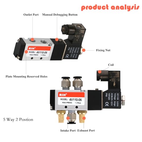 RIH Pneumatics Solenoid Valve 4V110-06 12V/24V/110V Series Single Coil Pilot-Operated Electric 2 Position 5 Way Connection Type (AC110V/Junction Box, 1/8"NPT) - size: AC110V/Junction Box, style: 1/8"NPT