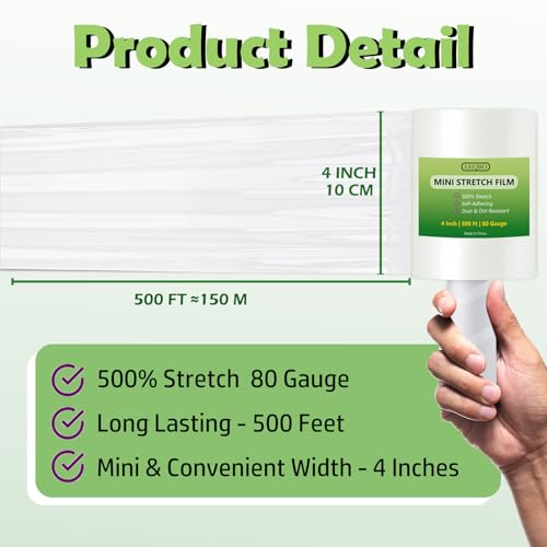 Clear Stretch Wrap Film,4" x 2000Ft Pallet Wrap Roll with Handle for Moving Supplies,80 Gauge Industrial Strength Durable Self-Adhering Packing, Moving, Heavy Duty Stretch Film, 500Ft x 4 Pack