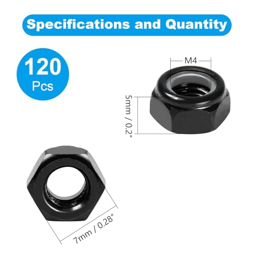 120Pcs M4 x 0.7mm Nylon Insert Hex Lock Nuts Locknuts - size: M4; 120pcs