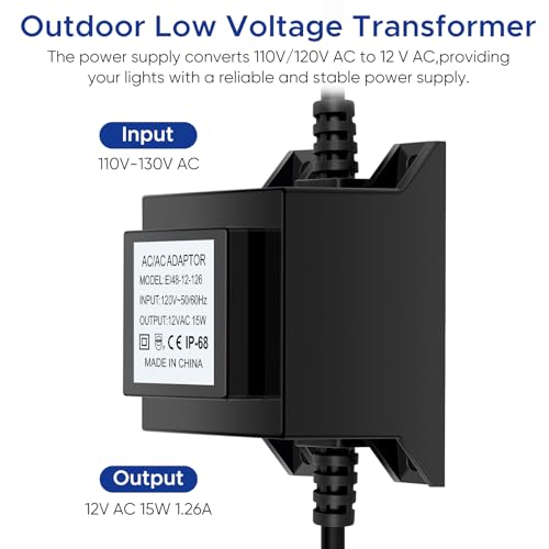 Low Voltage Landscape Transformer, Outdoor Low Voltage Transformer 110/120V AC to AC 12V 1.26A 15W, Power Supply Waterproof for Landscape Lighting, Fountain Lighting, Pool Light