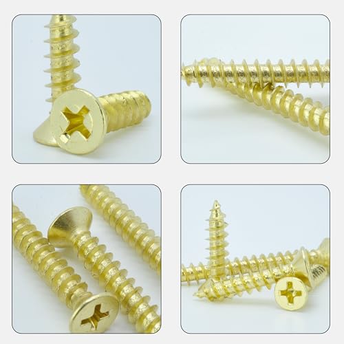 #8 x 3/4" Wood Screw, Phillips Flat Head Self Tapping Screws, Brass Plated Carbon Steel, Brass Plated Screws for Wood, Wood Screws #8 X 3/4 Inch, 150Pcs - size: #8 × 3/4"