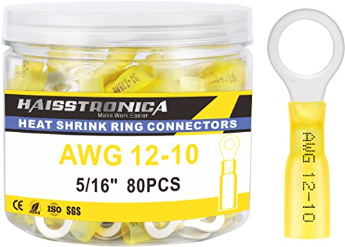 haisstronica 80PCS Heat Shrink Ring Terminals, 12-10 AWG, 5/16 in, Yellow - color: Yellow, size: Ring 5/16"