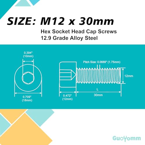 M12-1.75 x 30mm 6pcs Hex Socket Head Cap Screws Bolts, 12.9 Grade Alloy Steel, Black Oxide Finish, Metric Allen Drive, Full Thread - size: M12x30mm(6PCS)