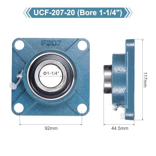 uxcell 2 Pcs UCF-207-20 Pillow Block Bearings 1-1/4 Inch Bore Self Alignment Chrome Steel Bearing Units, 4-Bolt Square Flange Mounted, Solid Base - size: UCF-207-20