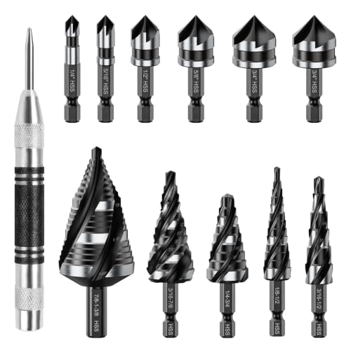 MABLEVI 12 Pcs HSS Four Spiral Flute Step Drill Bit & Countersink Set - size: 12 Pieces