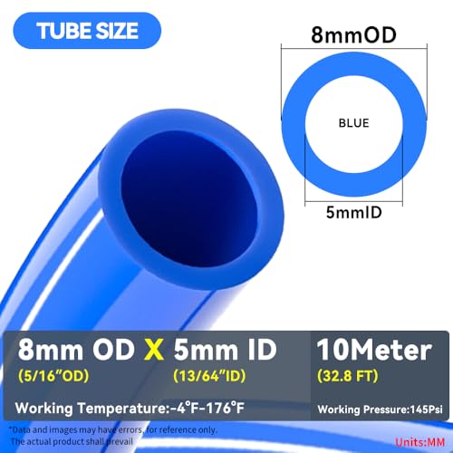 NAN;ACH PNEUMATIC Blue 8mm or 5/16 OD 5mm ID Polyurethane PU Air Hose Pipe Tube 10 Meter 32.8ft - color: Blue, size: 8x5mm/32.8FT/10M