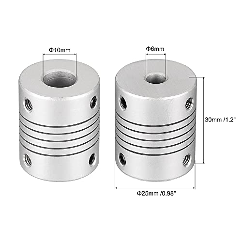 uxcell 10mm to 6mm Aluminum Alloy Shaft Coupling Flexible Coupler Motor Connector Joint L30xD25 Silver 2Pcs - size: 10mm to 6mm
