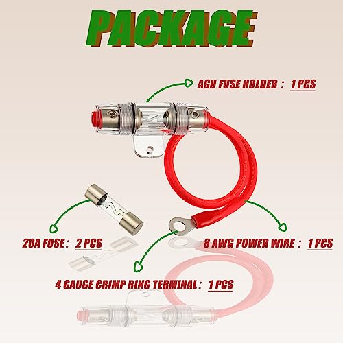 20A AGU Fuse Holder with 8 Gauge AWG 1ft Power Wire - 99.9% Oxygen-Free Copper - size: 20A