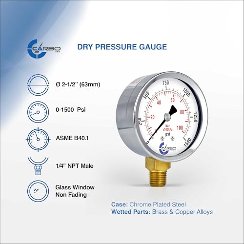 2-1/2" Pressure Gauge, Chrome Plated Steel Case, Dry, 0-1500 psi/kPa, Lower Mount 1/4" NPT - style: 0-1500 psi