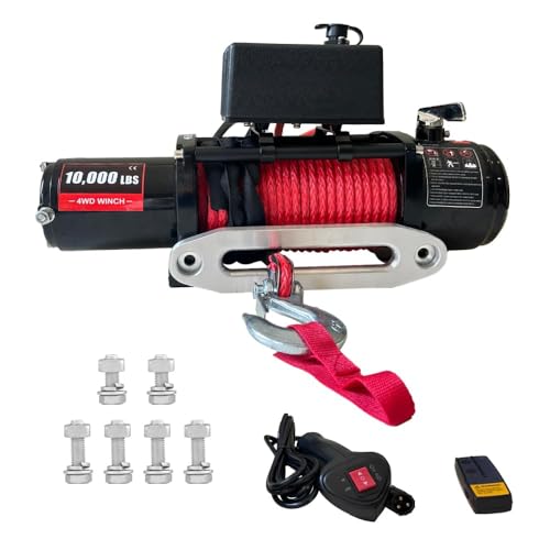 10000lbs Electric Winch 12V, IP67 Waterproof Off-Road Truck Winch with 85ft 7/20" Steel Cable & Wireless Handheld Remote, Heavy-Duty Power Winch for Towing UTV ATV SUV 4x4 Off Road Vehicle - color: Red, 10000lbs