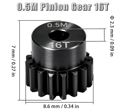 Hardened Steel 0.5M Pinion Gear 16T 2.3mm Shaft for RC Car/Helicopter Upgrade, Compatible with ARRMA 1/14 Typhoon 1/16 Mojave 1/18 Granite, Losi 1/12, 0.5Mod 13T-27T Gear for Brushed Brush-less Motors - size: 16T