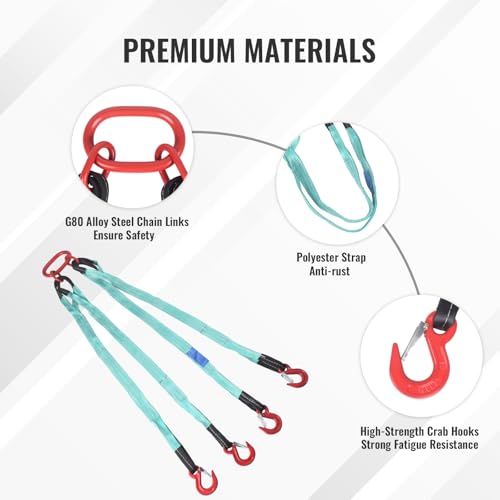 5Ft 6T Chain Sling for Lifting, 13220lbs 4 Legs with Grab Hooks & Adjusters, Polyester Rigging Straps for Engine Hoist & Security Towing