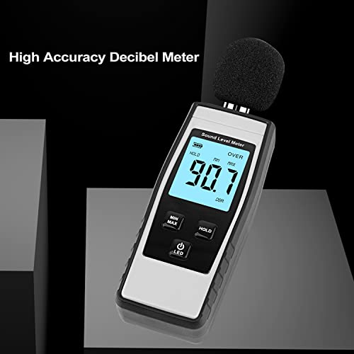 Decibel Meter, Portable SPL Meter (Sound Pressure Level Meter), Digital Noise Meter, Range 30-130 dB(A) db Meter, Noise Volume Sound Monitoring Tester (Battery Included) Gray - color: Gray