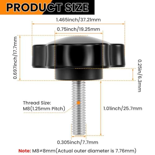 Aifeier ET 4 Pieces M8 x 25mm Star Hand Knob, Black Plastic Hex Shaped - size: M8 x 25 mm