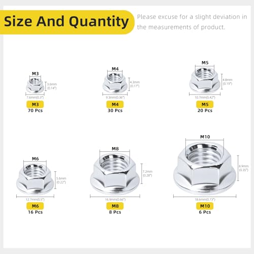 150Pcs M3 M4 M5 M6 M8 M10 Serrated Flange Nuts, Carbon Steel Zinc Plated Metric Flange Hex Lock Nuts for DIY Home Mechanism - color: Blue zinc