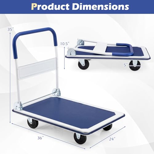 IRONMAX Foldable Push Hand Dolly with Swivel Wheels, 660 LBS Load Capacity - style: Blue+White 660lbs
